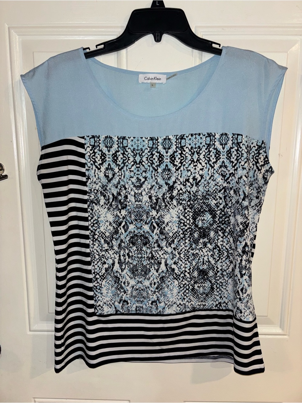 Calvin Klein Light Blue Black and White Mixed-Print Cap Sleeve Top